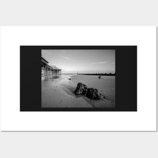 Pier and rocks on Cromer beach, Norfolk Posters and Art